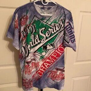 Men's Vintage Minnesota Twins Graffiti All Over Print Baseball T-Shirt Blue XL